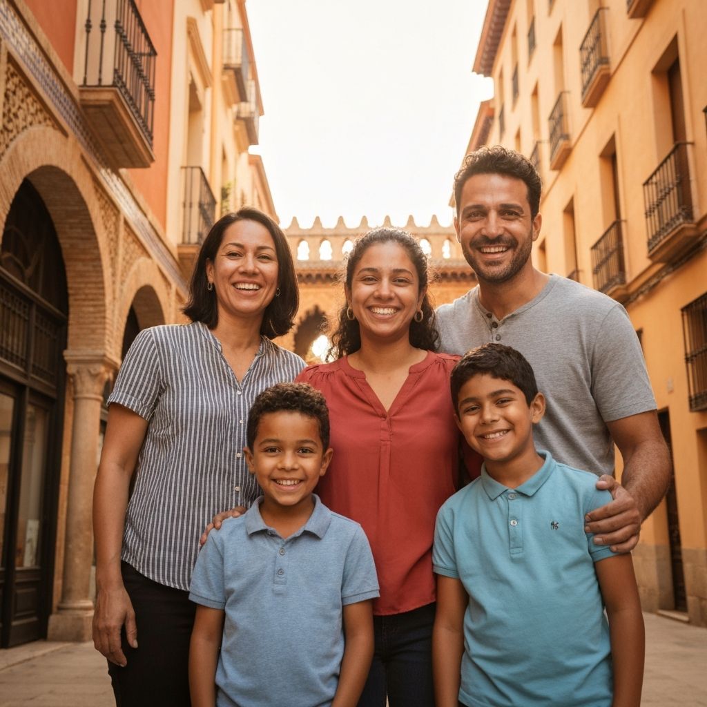 Familia feliz tras completar su proceso de regularizacion en Espana